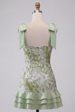 Vestido Curto de Regresso a Casa Verde Verde-Pérola, Decote Quadrado com Folhos e Bordas