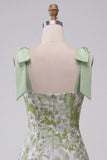 Vestido Curto de Regresso a Casa Verde Verde-Pérola, Decote Quadrado com Folhos e Bordas