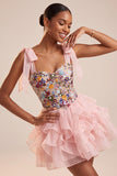 Corset cor-de-rosa A-Line com alças de gravata com laço Vestido curto de regresso a casa com folhos em camadas