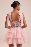 Corset cor-de-rosa A-Line com alças de gravata com laço Vestido curto de regresso a casa com folhos em camadas