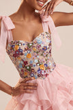 Corset cor-de-rosa A-Line com alças de gravata com laço Vestido curto de regresso a casa com folhos em camadas