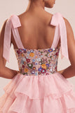 Corset cor-de-rosa A-Line com alças de gravata com laço Vestido curto de regresso a casa com folhos em camadas