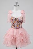 Corset cor-de-rosa A-Line com alças de gravata com laço Vestido curto de regresso a casa com folhos em camadas