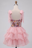 Corset cor-de-rosa A-Line com alças de gravata com laço Vestido curto de regresso a casa com folhos em camadas
