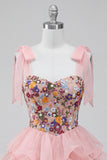 Corset cor-de-rosa A-Line com alças de gravata com laço Vestido curto de regresso a casa com folhos em camadas