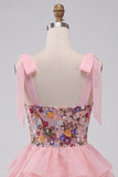 Corset cor-de-rosa A-Line com alças de gravata com laço Vestido curto de regresso a casa com folhos em camadas