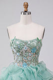 Vestido Curto de Finalistas de Finalistas Verde Verde Menta, Espartilho Sem Alças, com Folhos e Folhos em Cama