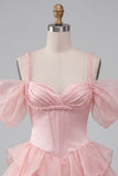 Vestido Curto de Homecoming com Espartilho Cor-de-Rosa, Ombro Frio e Bainha Folhosa