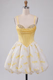 Espartilho amarelo A Line Sweetheart Bubble Haven Vestido Curto de Regresso a Casa com Strass