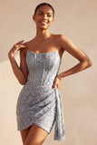 Espartilho Cinzento-azul, Bodycon Vestido Curto de Boas-Vindas Sem Alças e Franzidos Curtos de Regresso a Casa com Fita Lateral