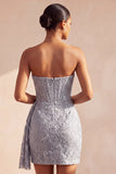 Espartilho Cinzento-azul, Bodycon Vestido Curto de Boas-Vindas Sem Alças e Franzidos Curtos de Regresso a Casa com Fita Lateral