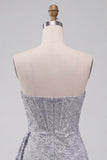 Espartilho Cinzento-azul, Bodycon Vestido Curto de Boas-Vindas Sem Alças e Franzidos Curtos de Regresso a Casa com Fita Lateral