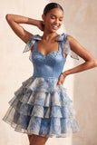 Vestido de Finalistas de Finalistas com Fitas Cinzentas Azul, com alças de laço, com alças em laço, com folhos e folhos