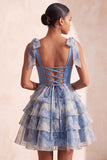Vestido de Finalistas de Finalistas com Fitas Cinzentas Azul, com alças de laço, com alças em laço, com folhos e folhos