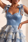 Vestido de Finalistas de Finalistas com Fitas Cinzentas Azul, com alças de laço, com alças em laço, com folhos e folhos