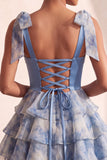 Vestido de Finalistas de Finalistas com Fitas Cinzentas Azul, com alças de laço, com alças em laço, com folhos e folhos