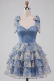 Vestido de Finalistas de Finalistas com Fitas Cinzentas Azul, com alças de laço, com alças em laço, com folhos e folhos
