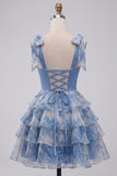 Vestido de Finalistas de Finalistas com Fitas Cinzentas Azul, com alças de laço, com alças em laço, com folhos e folhos