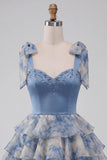 Vestido de Finalistas de Finalistas com Fitas Cinzentas Azul, com alças de laço, com alças em laço, com folhos e folhos