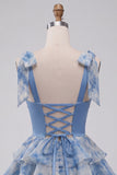 Vestido de Finalistas de Finalistas com Fitas Cinzentas Azul, com alças de laço, com alças em laço, com folhos e folhos