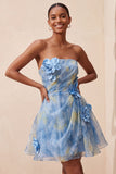 Vestido Curto de Finalistas Cinzento-Azul, A-Line Franzado, com flores 3D