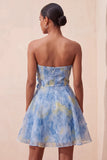 Vestido Curto de Finalistas Cinzento-Azul, A-Line Franzado, com flores 3D