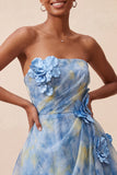 Vestido Curto de Finalistas Cinzento-Azul, A-Line Franzado, com flores 3D