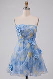 Vestido Curto de Finalistas Cinzento-Azul, A-Line Franzado, com flores 3D