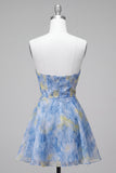 Vestido Curto de Finalistas Cinzento-Azul, A-Line Franzado, com flores 3D