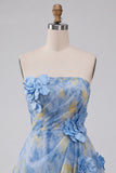 Vestido Curto de Finalistas Cinzento-Azul, A-Line Franzado, com flores 3D