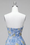 Vestido Curto de Finalistas Cinzento-Azul, A-Line Franzado, com flores 3D