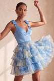 Vestido curto de regresso a casa, cinzento-azul, alça em laço, decote em V