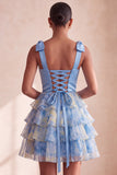 Vestido curto de regresso a casa, cinzento-azul, alça em laço, decote em V