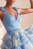 Vestido curto de regresso a casa, cinzento-azul, alça em laço, decote em V