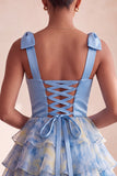 Vestido curto de regresso a casa, cinzento-azul, alça em laço, decote em V