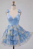 Vestido curto de regresso a casa, cinzento-azul, alça em laço, decote em V