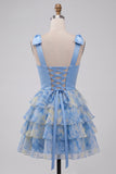 Vestido curto de regresso a casa, cinzento-azul, alça em laço, decote em V
