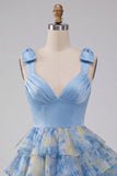 Vestido curto de regresso a casa, cinzento-azul, alça em laço, decote em V