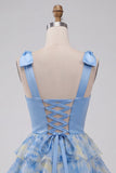 Vestido curto de regresso a casa, cinzento-azul, alça em laço, decote em V