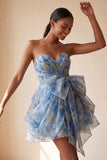 Vestido Curto de Regresso a Casa Cinzento-Azul, Strapless A-Line Franzado, com laço
