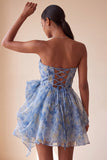 Vestido Curto de Regresso a Casa Cinzento-Azul, Strapless A-Line Franzado, com laço