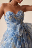 Vestido Curto de Regresso a Casa Cinzento-Azul, Strapless A-Line Franzado, com laço