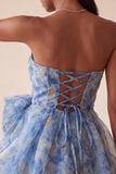Vestido Curto de Regresso a Casa Cinzento-Azul, Strapless A-Line Franzado, com laço