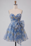 Vestido Curto de Regresso a Casa Cinzento-Azul, Strapless A-Line Franzado, com laço
