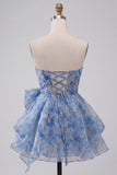 Vestido Curto de Regresso a Casa Cinzento-Azul, Strapless A-Line Franzado, com laço