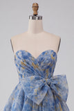 Vestido Curto de Regresso a Casa Cinzento-Azul, Strapless A-Line Franzado, com laço