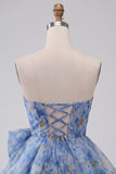 Vestido Curto de Regresso a Casa Cinzento-Azul, Strapless A-Line Franzado, com laço