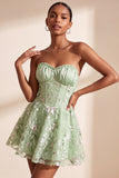 Verde sálvia Bordado floral A-Line Corset sem alças Vestido Curto de Regresso a Casa
