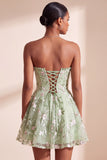 Verde sálvia Bordado floral A-Line Corset sem alças Vestido Curto de Regresso a Casa