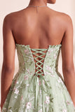 Verde sálvia Bordado floral A-Line Corset sem alças Vestido Curto de Regresso a Casa
